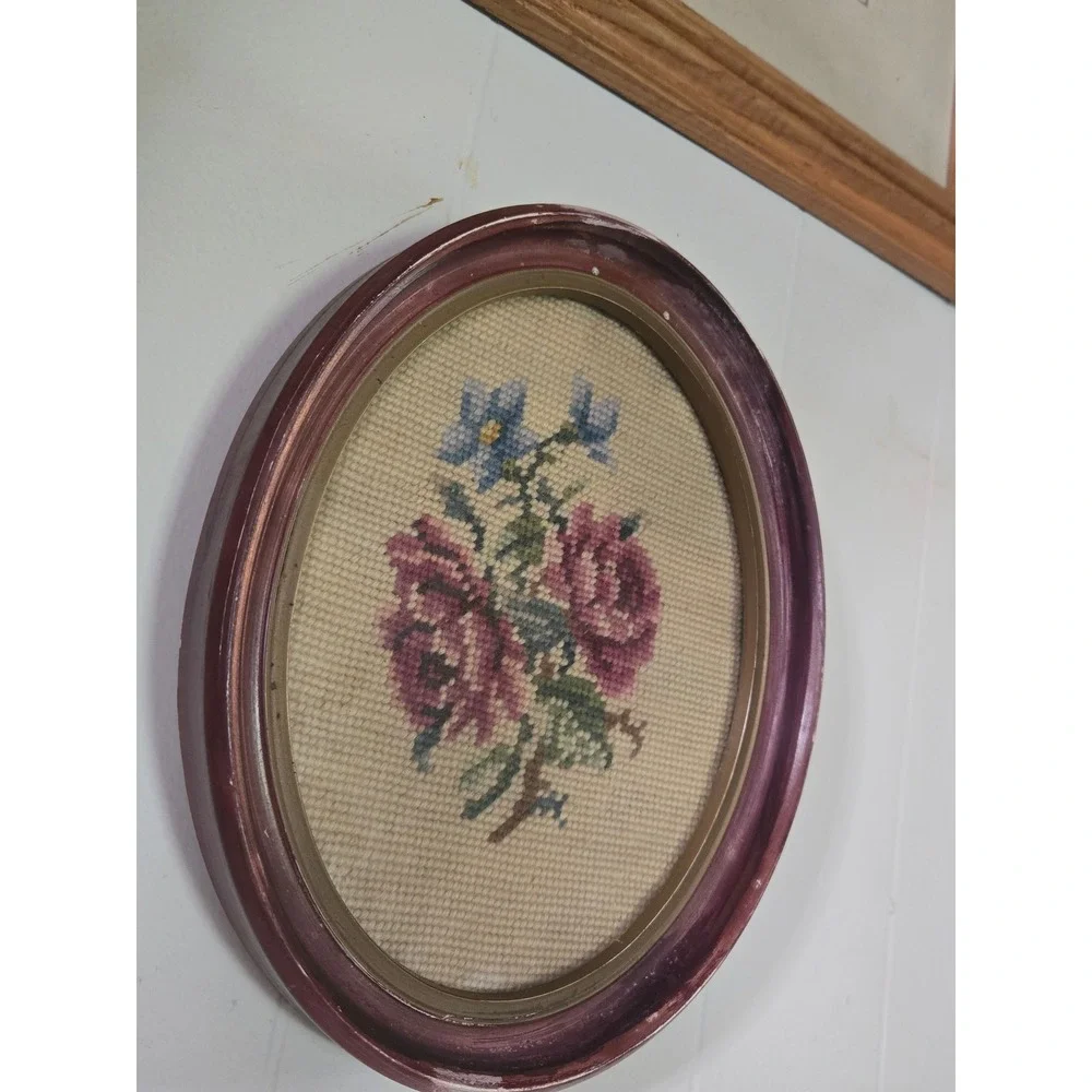 Vintage Floral Needlepoint Oval Wood Frame Pink Roses Blue Flowers Wall Art